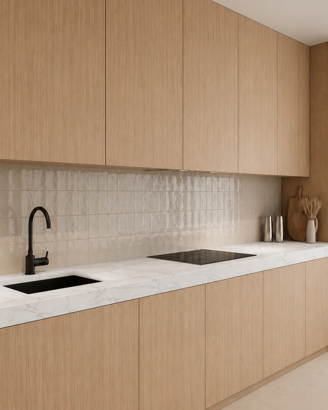 Pale oak fronts and a white counter renewed with Renuva