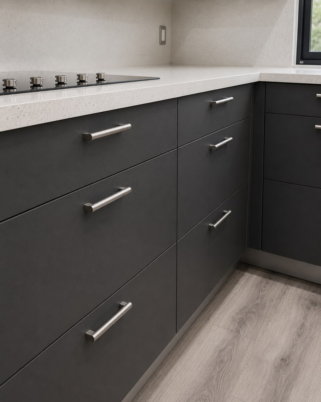 Charcoal matte drawer fronts renewed with Renuva
